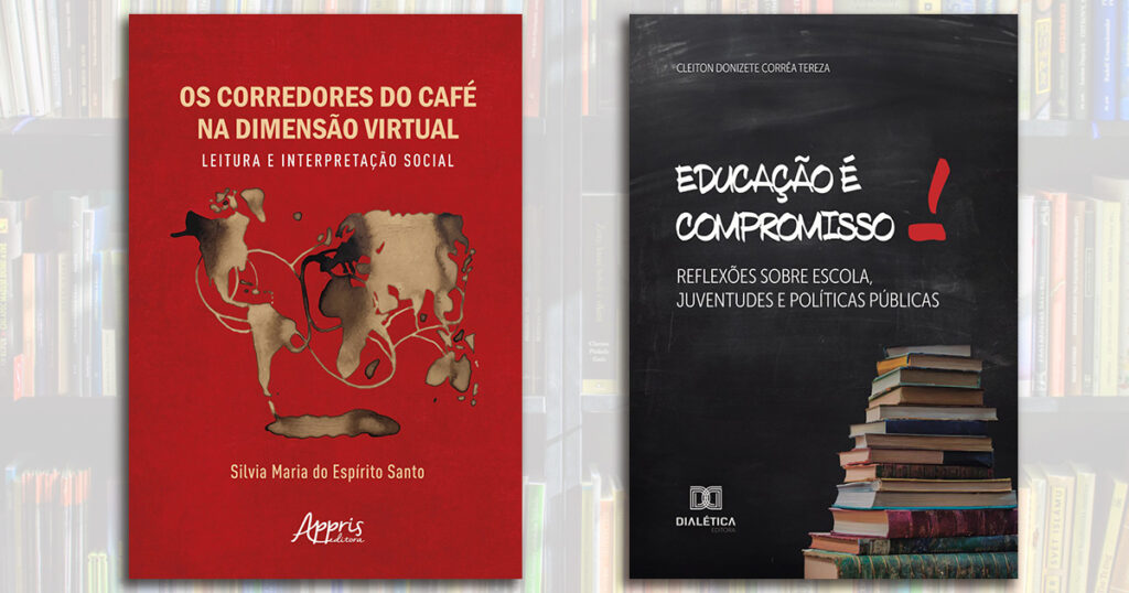 Imagem com capas de dois livros. A capa da esquerda é vermelha com um mapa dourado. A imagem da direita tem o fundo preto, com título branco e uma pilha de livros no canto inferior direito.