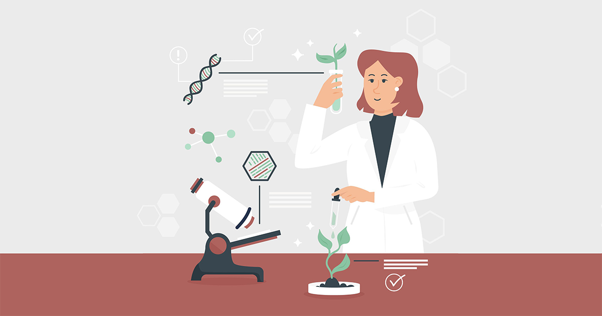 Imagem é uma ilustração que mostra uma pesquisadora em um laboratório com instrumentos como microscópio e ela manipula mudas de plantas. Para cada ação, há uma representação biológica através de fórmulas