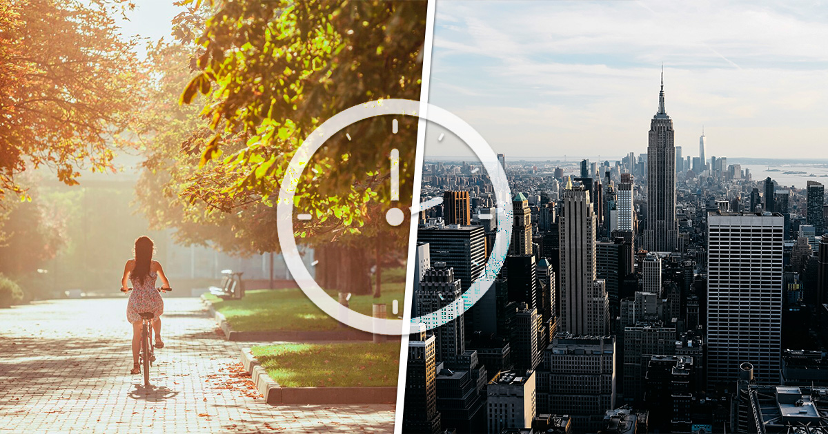 Fotomontagem em que é possível ver dois cenários: num deles, uma jovem passeia de bicicleta por uma rua tranquila e arborizada; o outro mostra uma paisagem urbana em que predominam arranhas-céus 