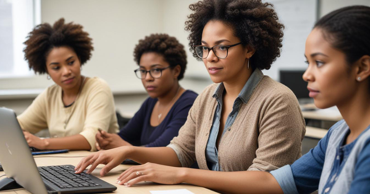 A imagem mostra quatro mulheres negras em um ambiente de sala de aula, com uma delas usando um laptop. Elas parecem estar envolvidas em uma atividade de ensino ou aprendizado de computação