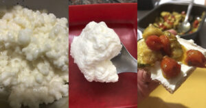 Montagem com três imagens: kefir, queijo cremoso sobre uma colher e conservas de abobrinha e tomate sobre uma porção do queijo