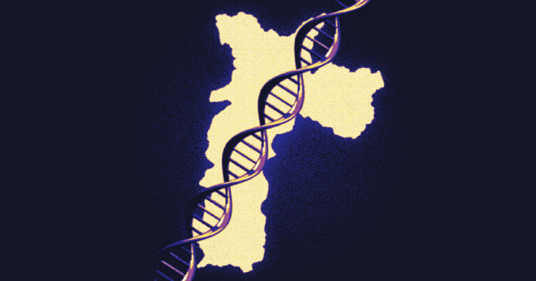 mapa de são paulo na cor bege, sobre fundo escuro e uma fita de DNA passando sobre o mapa