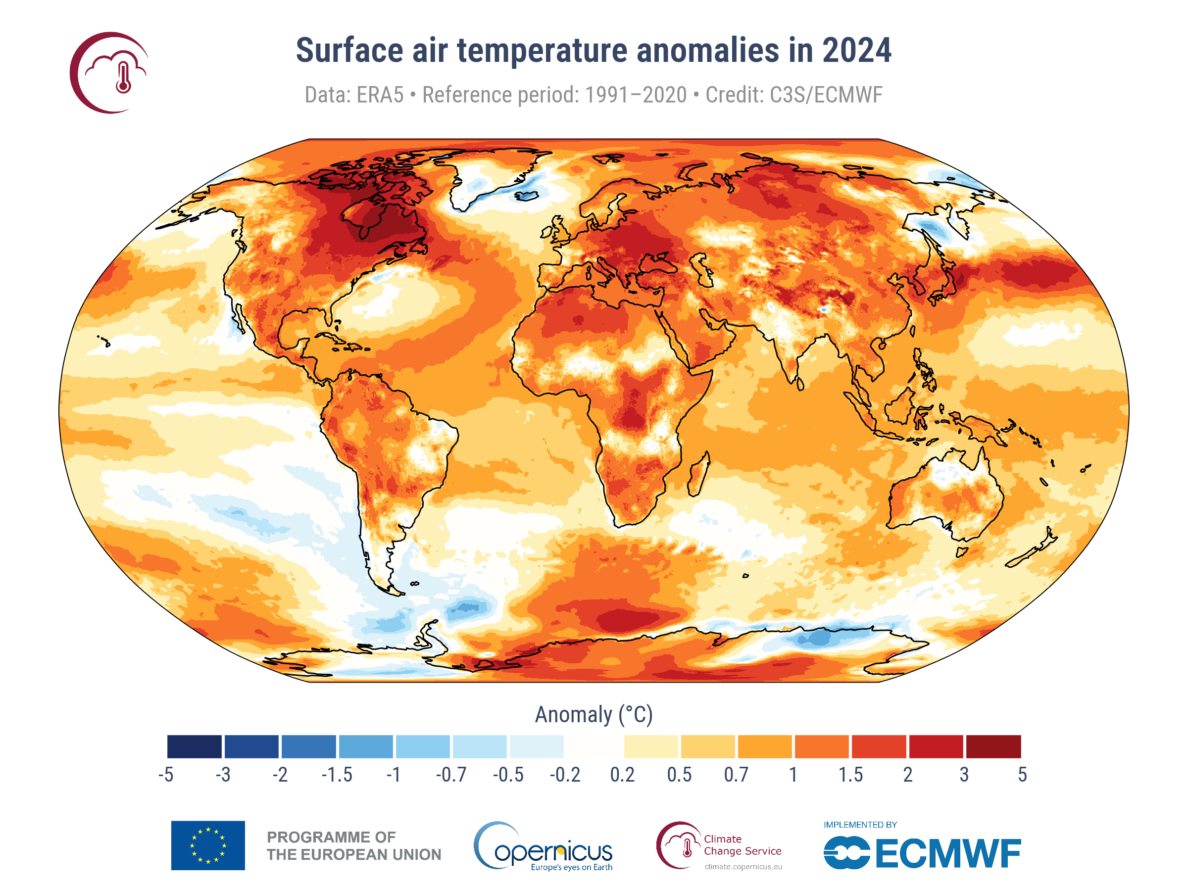 mapa-mundi em tons de vermelho e laranja mostrando as altas temperaturas do ar na superfície do planeta