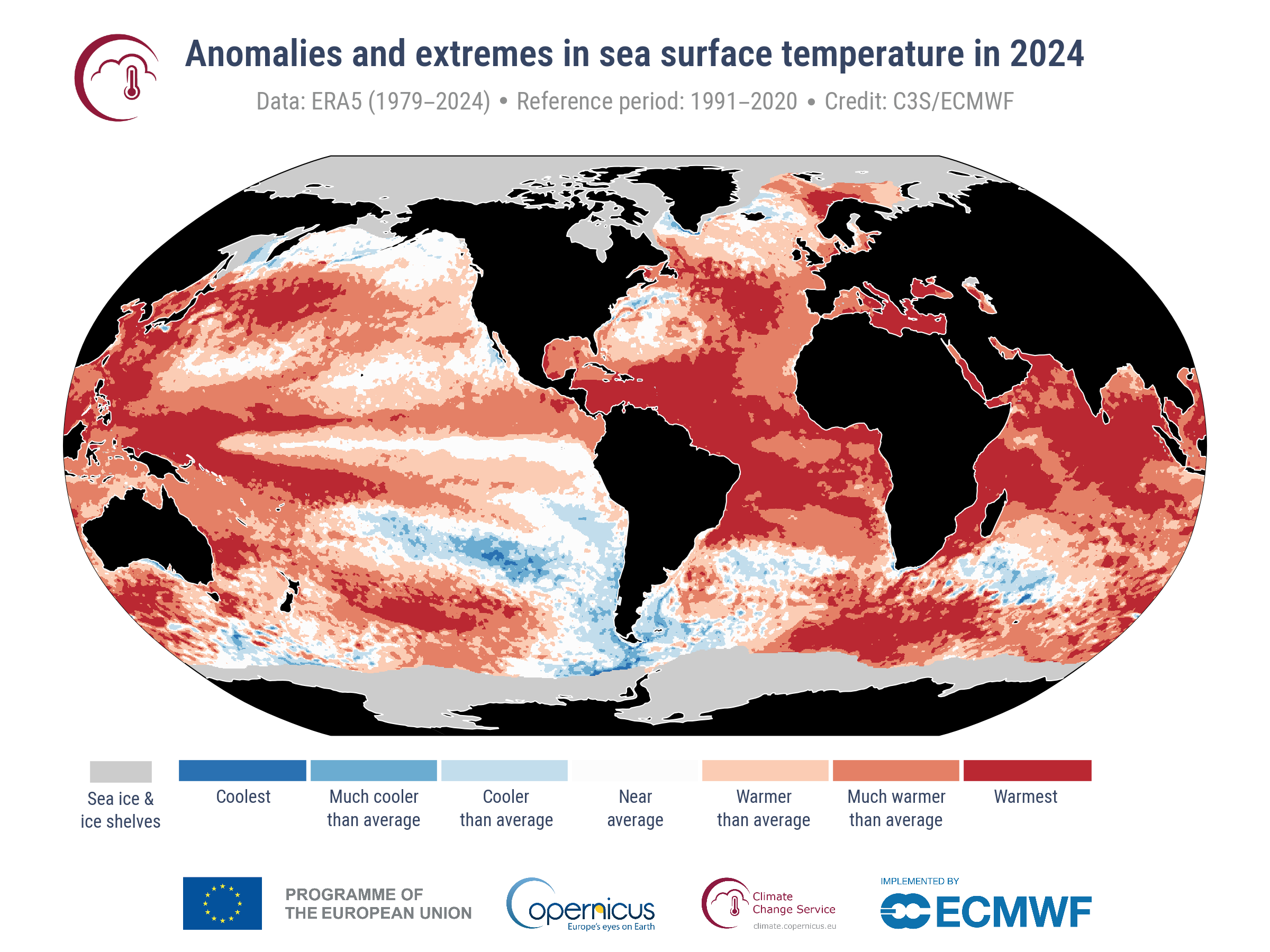 mapa-mundi em tons de preto e vermelho mostrando as altas temperaturas da superfície do mar