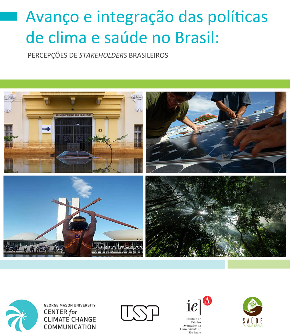 Mosaico de fotos: à esquerda superior, fotografia de um carro submerso em frente ao edifício do ministério da saúde; direita superior, detalhe do perfil e das mãos de trabalhadores instalando painéis solares; direita inferior, copa de árvores vistas de baixo; à esquerda, um homem indígena de costas cruzando duas lanças em frente à fachada do Congresso Nacional