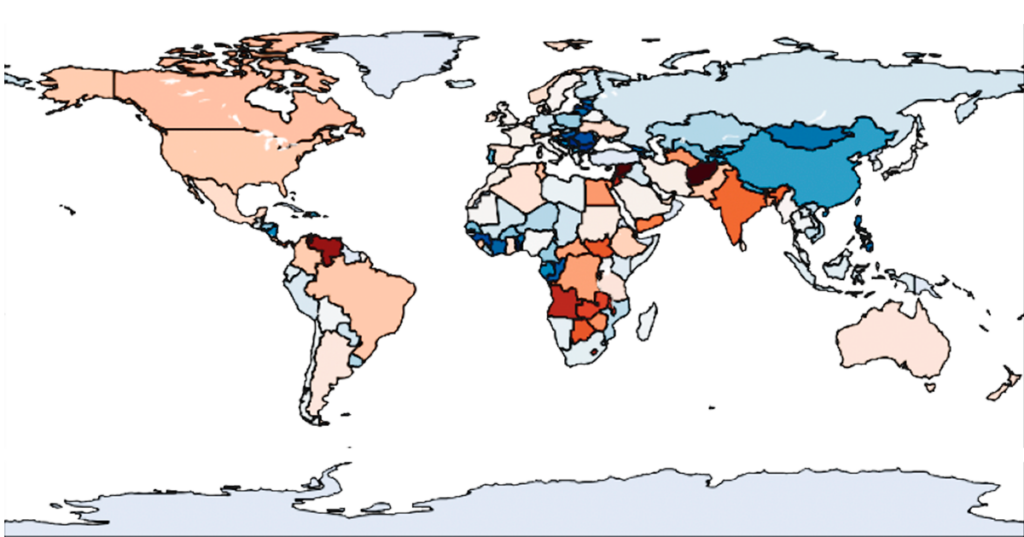 um mapa múndi indicando as nações que tiveram crescimento nos índices de felicidade (em azul), e as nações que tiveram queda nos índices de felicidade (em vermelho)