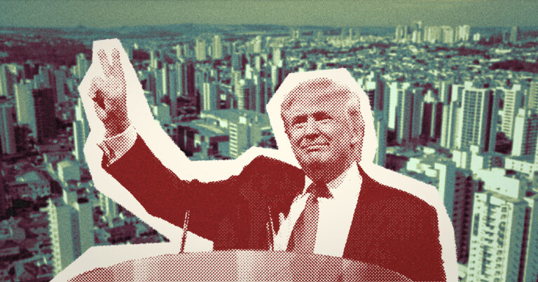 Fotomontagem com uma imagem de Donald Trump sobre uma imagem aérea de Ribeirão Preto.