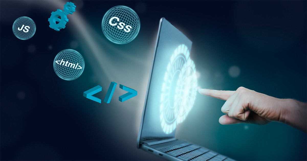 Imagem de um humano tocando a tela do computador, com símbolos e códigos de internet ao redor