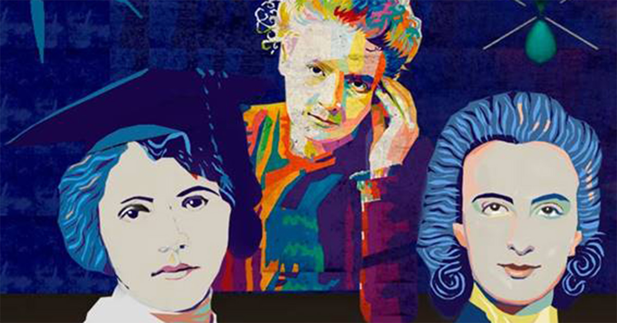 Imagem de fundo escuro, com três mulheres em destaque.