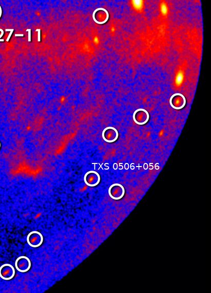 Localização de TXS 0506+056 observada em raios gama (energias superiores a 1 GeV) pelo Telescópio Espacial Fermi - Foto: Reprodução/Wikimedia Commons