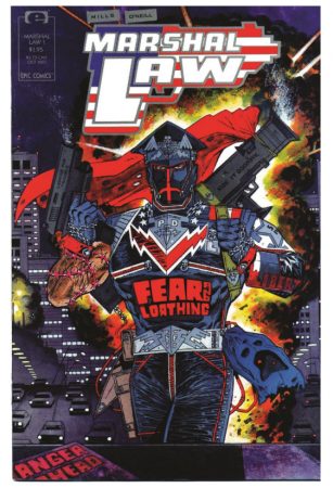 Capa da primeira edição de "Marshal Law", que mostra detalhes de seu uniforme de combate - Imagem: Reprodução/"Marshal Law" via "Estados Distópicos da América: o Futuro dos EUA nas Histórias em Quadrinhos (1983-1999)"