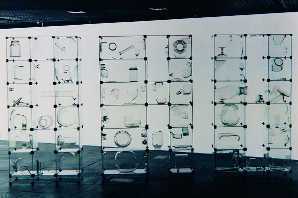 Das Lamentações, 1999; 
fragmentos de objetos de vidro colados em estantes de vidro com cantoneiras de plástico, 196,5 cm x 381,5 cm x 33  cm - Foto: Divulgação