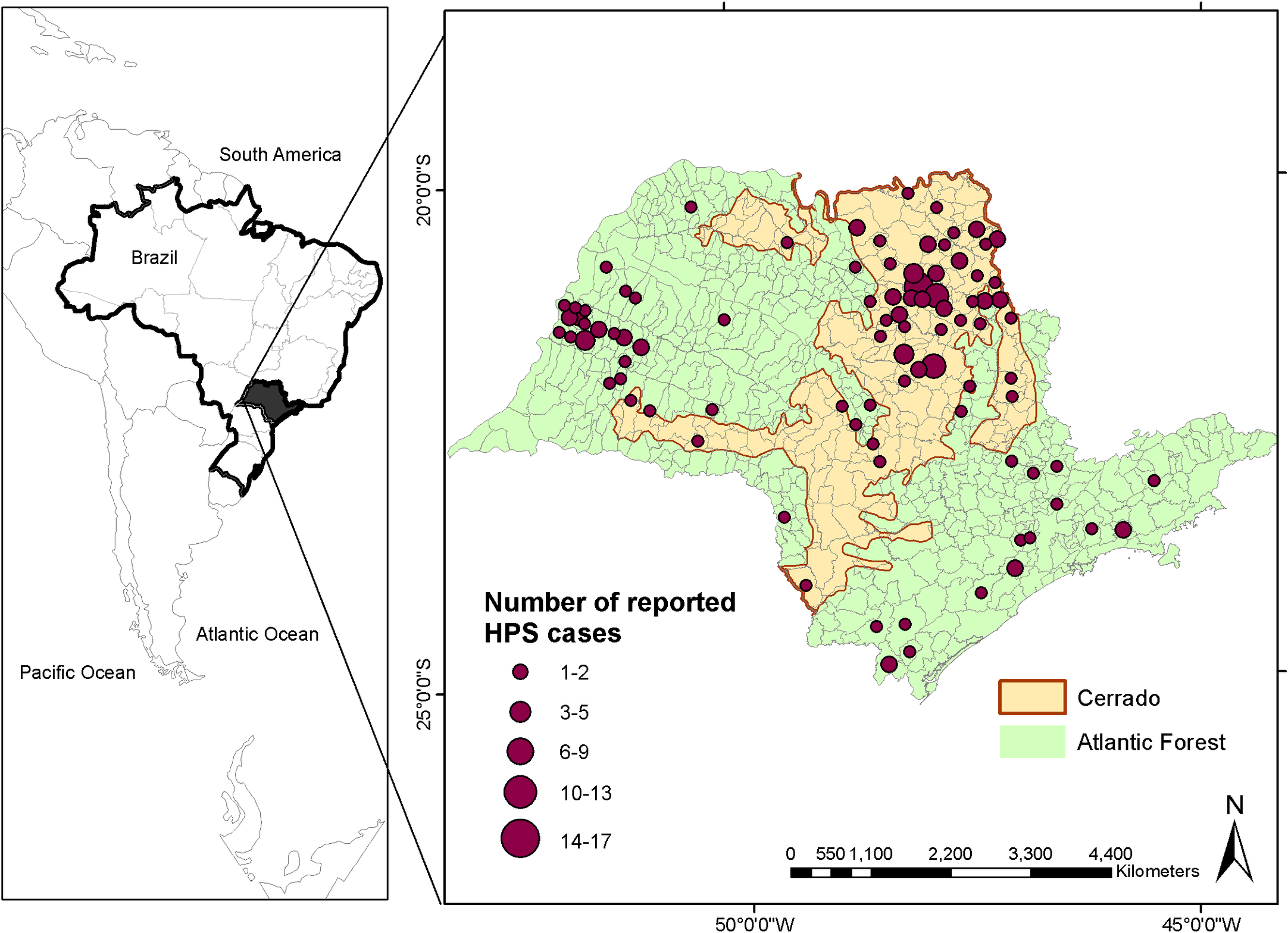 Incidência de hantavírus entre 1993 e 2012 nos 645 municípios do estado de São Paulo, e delimitação do cerrado (em laranja) e da Mata Atlântica (em verde) no estado.